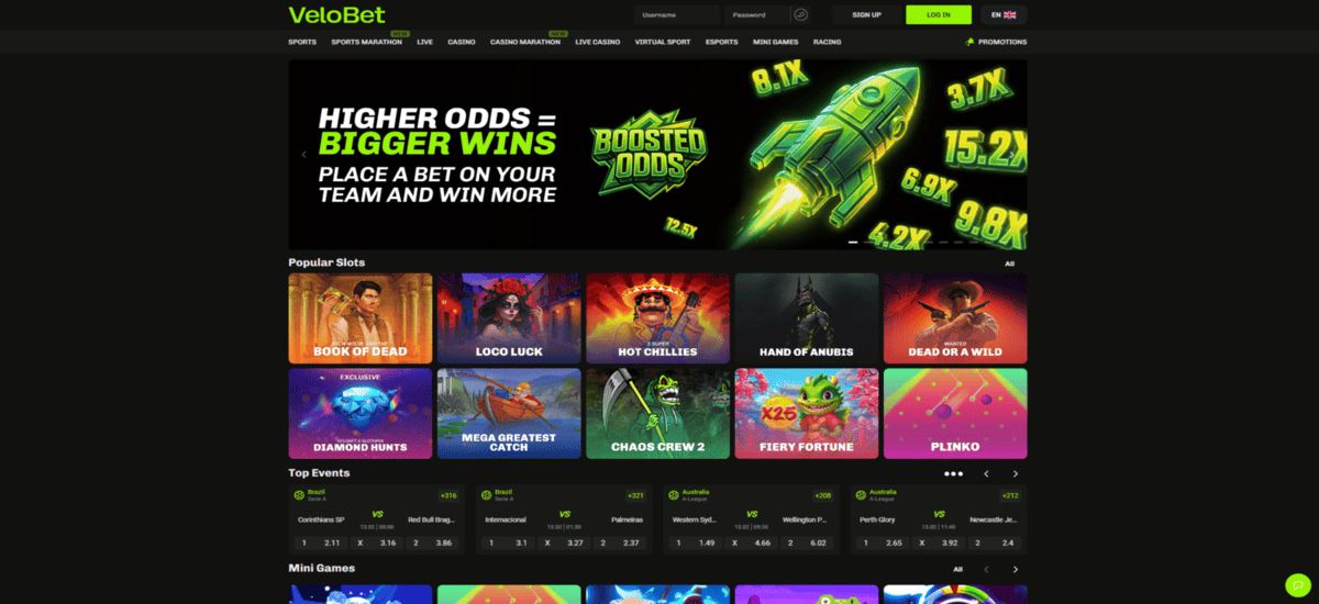 Screenshot of the Velobet Casino website